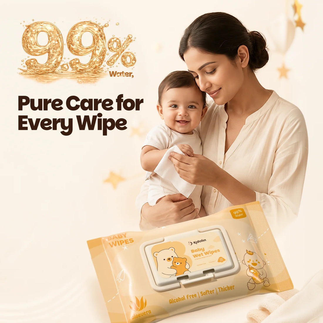 Kidolin Baby Wet Wipes - 72 Wipes | 99% Water-Based | Paraben Free & Vitamin E