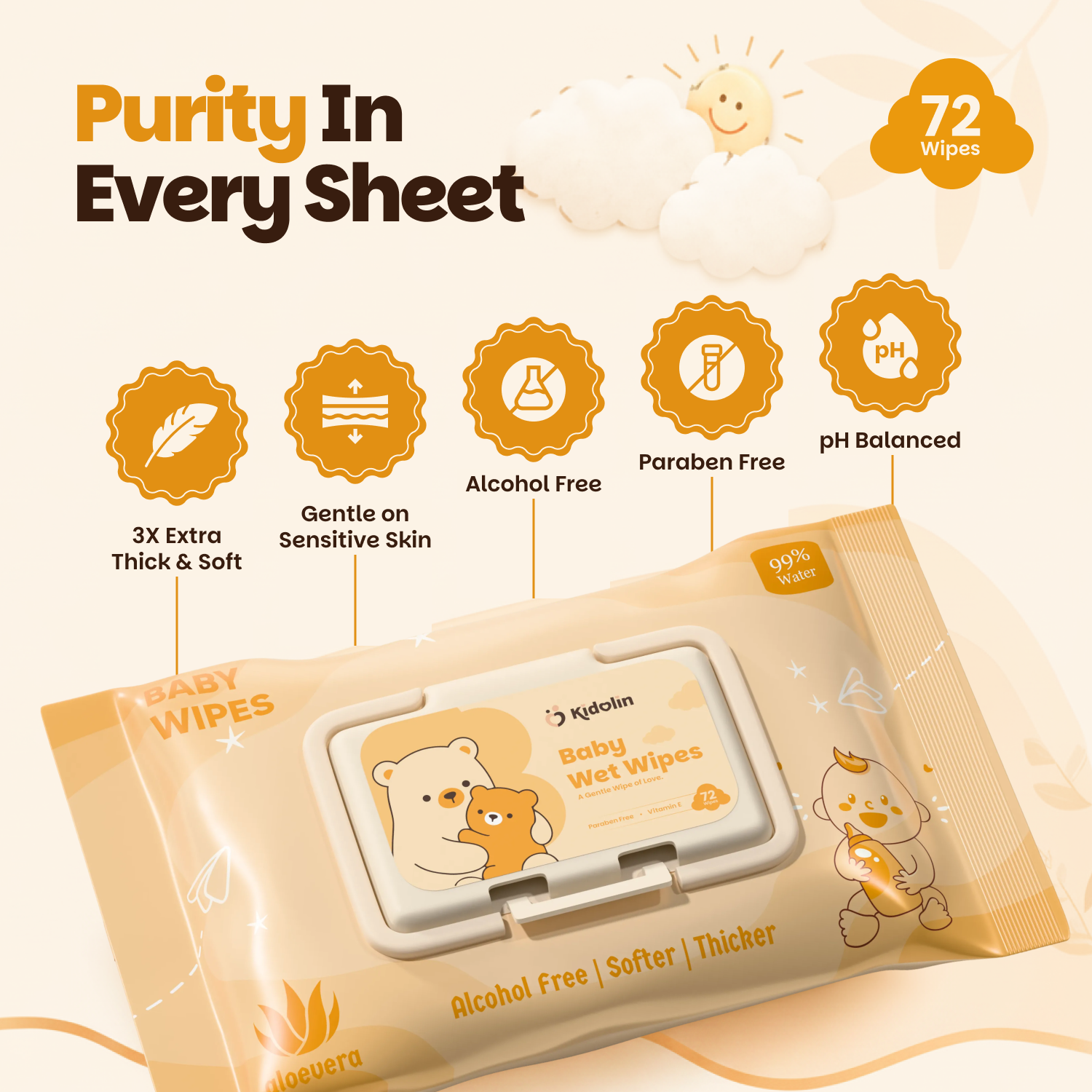 Kidolin Baby Wet Wipes - 72 Wipes | 99% Water-Based | Paraben Free & Vitamin E