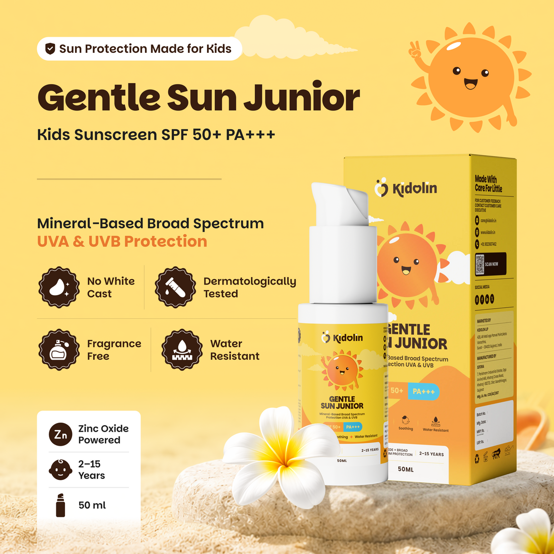 Gentle Sun Junior | SPF 50+ PA+++ Mineral Sunscreen | Zinc Oxide + Broad Spectrum Protection | 50ml