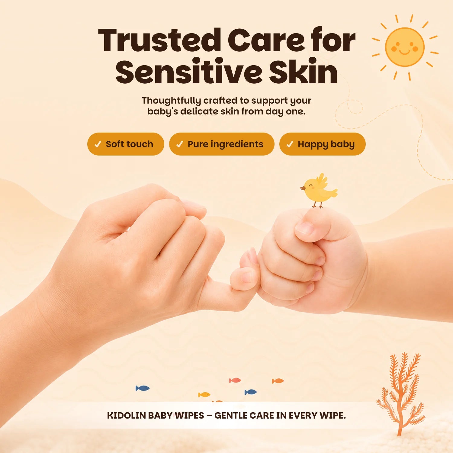 Kidolin Baby Wet Wipes - 72 Wipes | 99% Water-Based | Paraben Free & Vitamin E