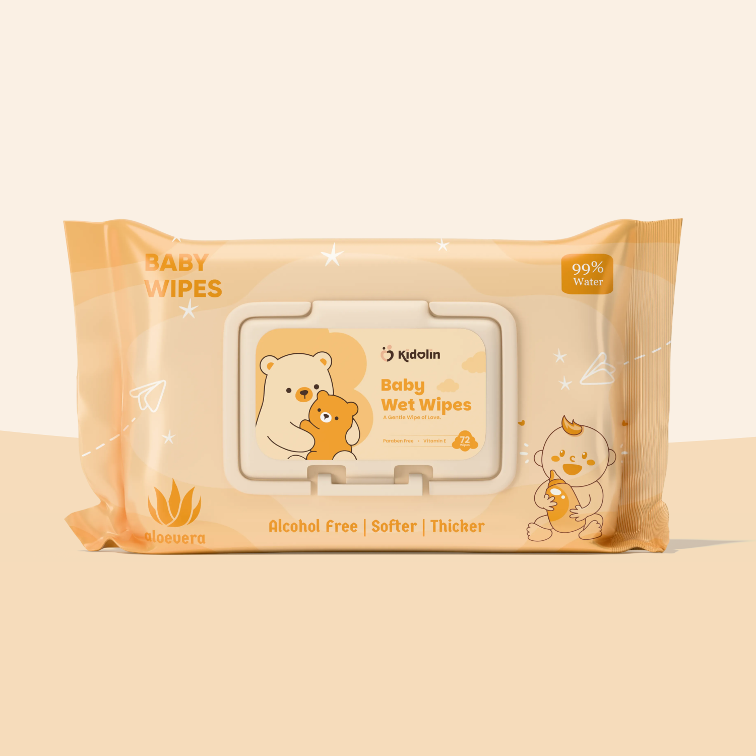 Kidolin Baby Wet Wipes - 72 Wipes | 99% Water-Based | Paraben Free & Vitamin E