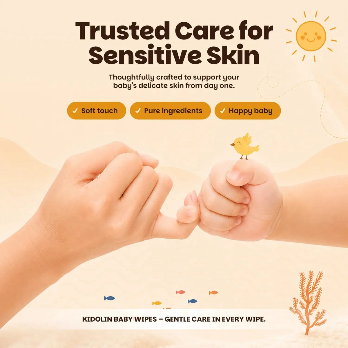 Kidolin Baby Wet Wipes - 72 Wipes | 99% Water-Based | Paraben Free & Vitamin E