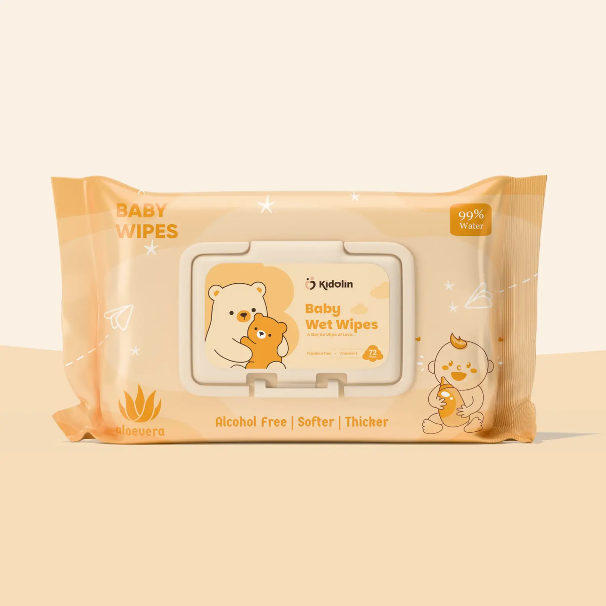 Kidolin Baby Wet Wipes - 72 Wipes | 99% Water-Based | Paraben Free & Vitamin E